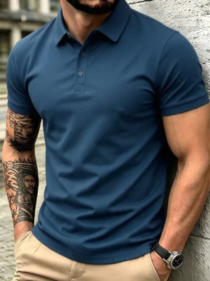 6ad2ef5de0a15.webp Men's Summer Lightweight Fabric Polo Shirt Fitted Short Sleeve Solid Color Collared Top