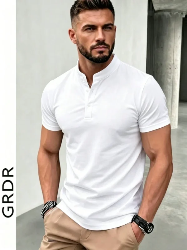 GRDR Men's Summer Fashion Classic Solid Color Thin Henley Collar Short Sleeve T-Shirt
