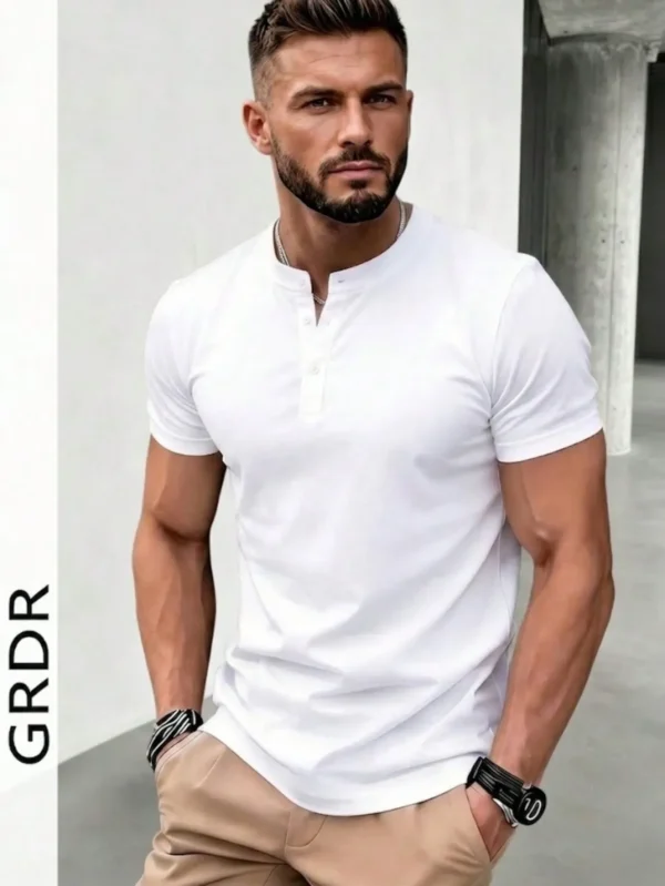 GRDR Men's Summer Fashion Classic Solid Color Thin Henley Collar Short Sleeve T-Shirt