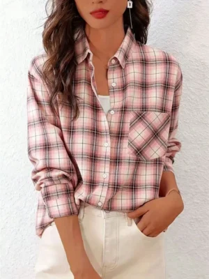 Women's Front Button Long Sleeve Pocket Plaid Simple Casual Shirt Random Cut