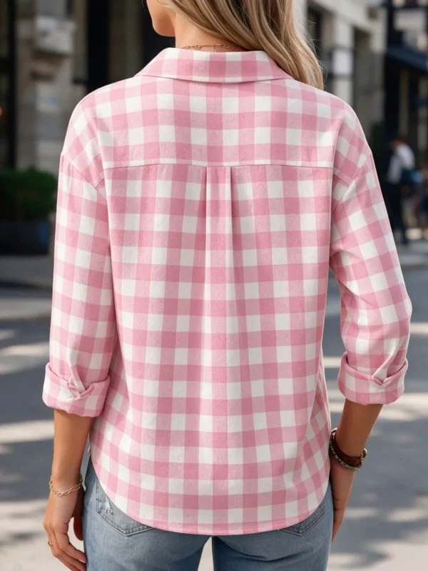 6ad2f9b6e8726.webp Women Plaid Button Down Shirts Pink Long Sleeve Gingham Blouse Casual Collared Work Tops