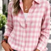 6ad2f9b971ba6.webp Women Plaid Button Down Shirts Pink Long Sleeve Gingham Blouse Casual Collared Work Tops