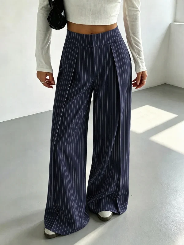 MOOSTA 2026 Fall New French Simple Casual Elegant Commuting Business Office Street Outing Festival Blue And White Stripe High Waist Pleated Suit Trousers