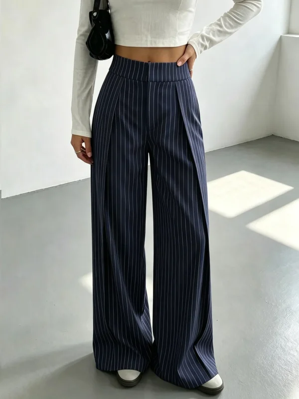 MOOSTA 2026 Fall New French Simple Casual Elegant Commuting Business Office Street Outing Festival Blue And White Stripe High Waist Pleated Suit Trousers