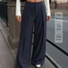MOOSTA 2026 Fall New French Simple Casual Elegant Commuting Business Office Street Outing Festival Blue And White Stripe High Waist Pleated Suit Trousers